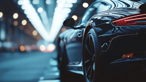 Sleek sports car glides through a glowing city tunnel at night