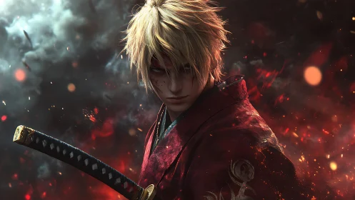 Brooding blond swordsman stands amid swirling embers and ash.