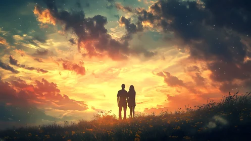 Two silhouetted figures standing in field under dramatic sunset sky