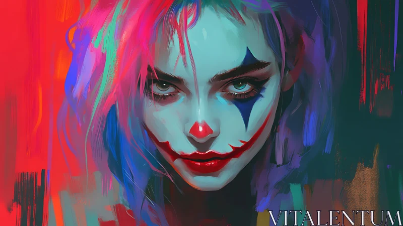 Intense neon-lit clown portrait uses high saturation and sharp contrast