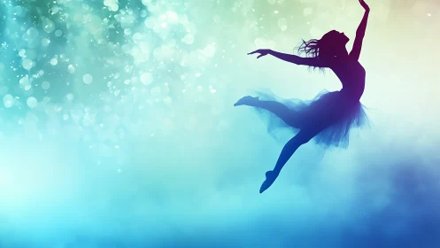Silhouetted ballerina in luminous bokeh gradient atmosphere.