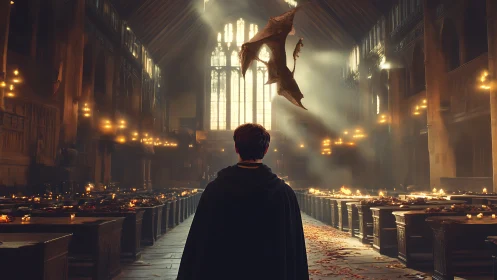 Cloaked youth facing dragon in vaulted torchlit grand hall