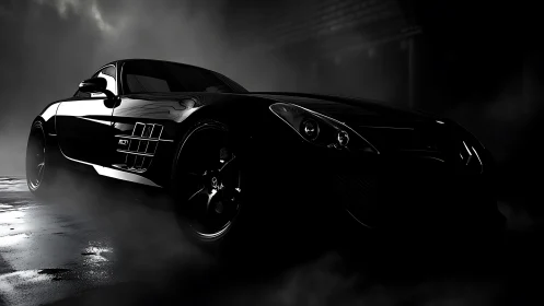 Sleek black sports car resting in moody city shadows.