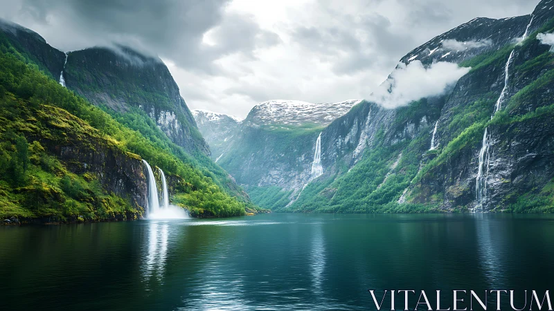 Dramatic fjord waterfall under stormy clouds and cliffs.