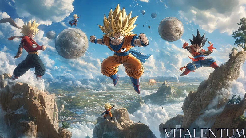 Saiyan warriors clash above a vast floating mountain valley