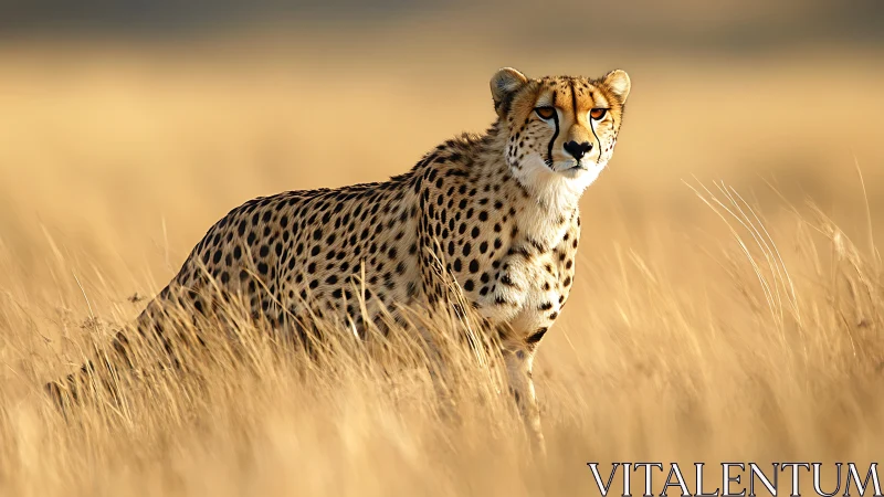 Cheetah standing alert in tall golden savannah grassland.