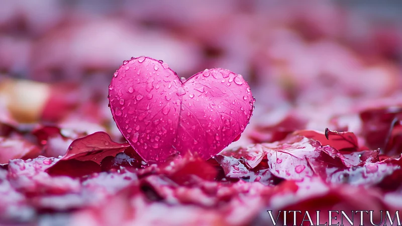 Heart-shaped flower petal glistens with morning dew droplets.