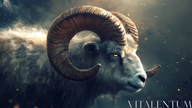 Digital illustration of horned ram head in dramatic light.