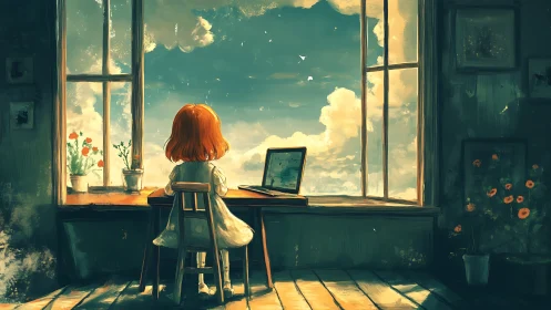 Digital painting of girl at window desk with luminous skyscape.