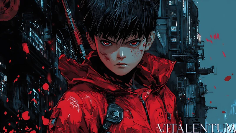 Neon storm kid in crimson armor stalking the rain-slick city.