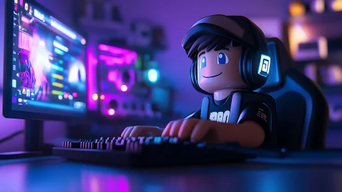 Stylized 3D gamer figurine at RGB-lit dual-monitor streaming setup