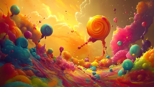 Swirling luminous spheres float above turbulent neon clouds