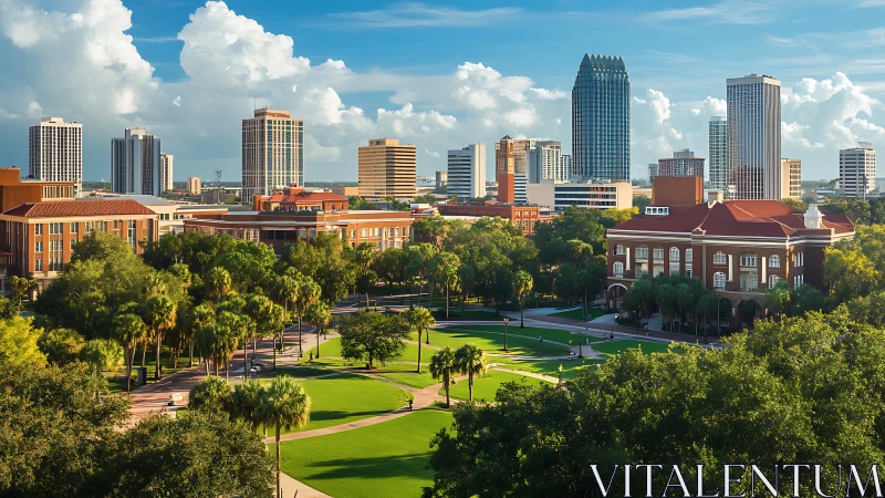Sunlit campus oasis under a playful highrise skyline.