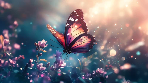 Macro digital butterfly hovering over luminous floral bokeh