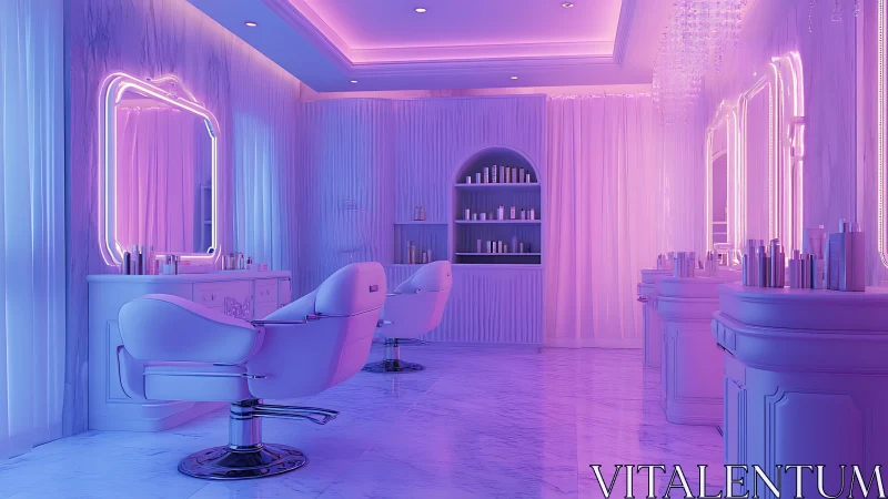 Neon-lit pastel salon interior with glossy marble flooring.