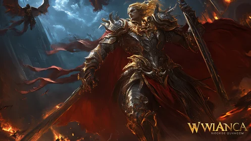 Armored angelic warrior strides through burning battlefield.