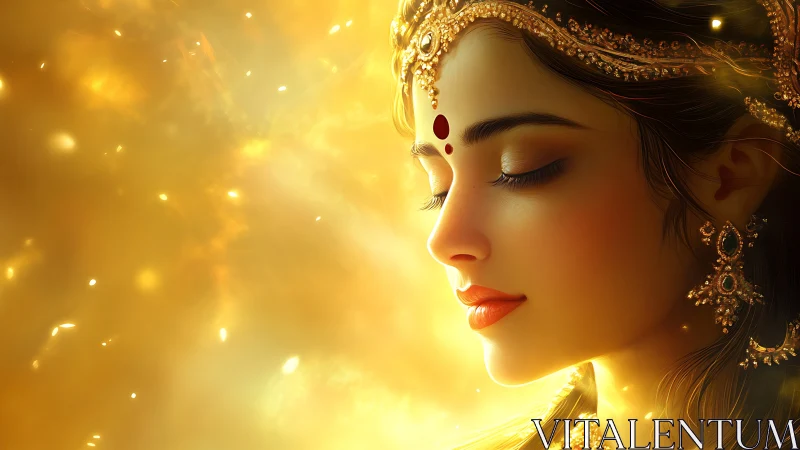 Sunlit goddess in quiet prayer, wrapped in molten gold glow.