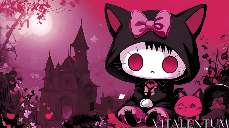 Gothic cat girl sits before haunted house under pink moon