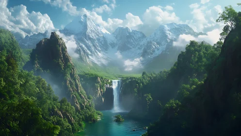 Peaceful mountain waterfall embraced by lush green valley.