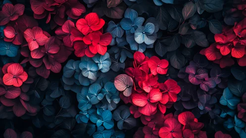 Vivid Floral Gradient Composition with Red and Blue Hydrangeas