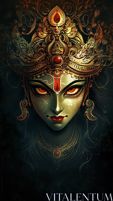 Gilded goddess gaze ignites the dark with ember stillness.