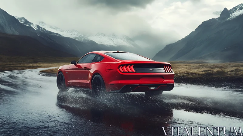 Crimson muscle car carves wet mountain road under brooding skies