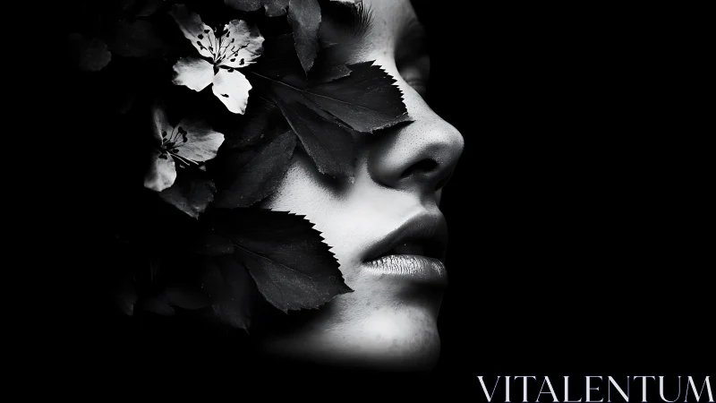 Human face in profile partially covered by leaves and flowers