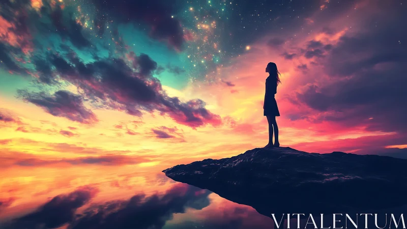 Silhouetted figure on rock under iridescent nebula sky reflection