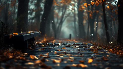 Wooden path and bench in wet autumn forest are shown