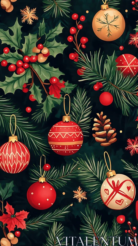 Dense Christmas foliage pattern with stylized ornaments and holly