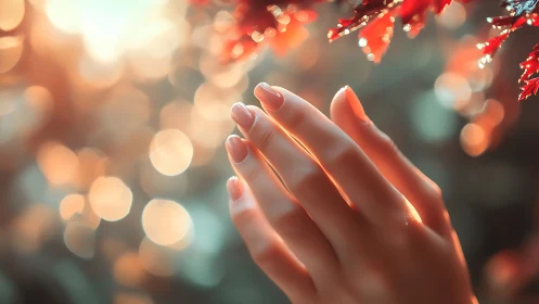 Hand reaching toward autumn leaves in warm soft focus.