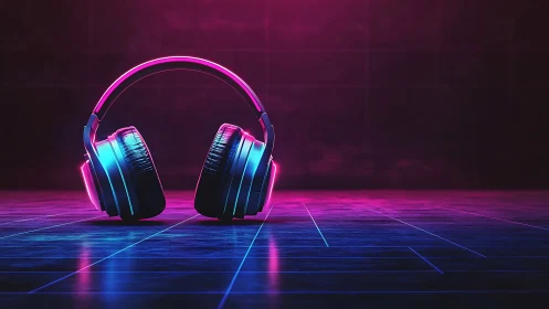 Neon soundscape headphones glow on an electric cyber floor.