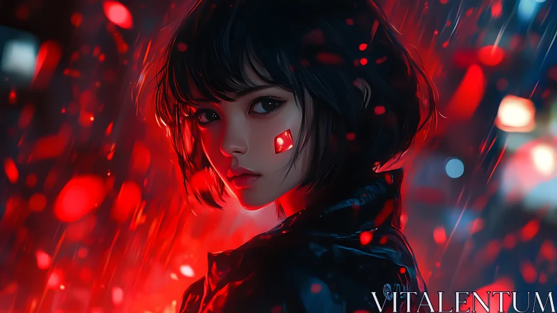 Midnight rain girl in neon red glow and quiet resolve.