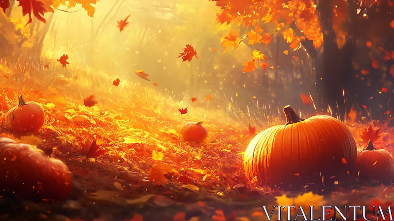 Golden autumn pumpkins glowing in a sunlit forest meadow.