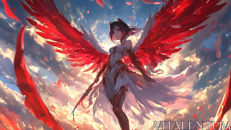 Red winged anime girl stands against bright glowing clouds