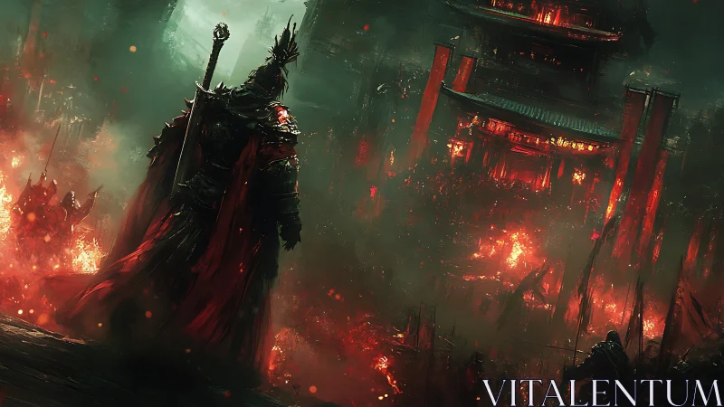 Armored warlord surveys a burning fortress in crimson haze