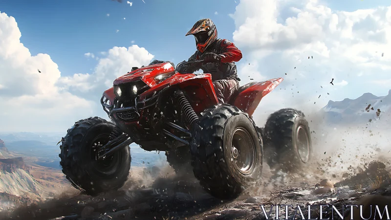 High-torque quad ATV ascending rocky desert ridge at speed.