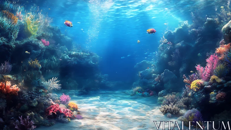 Vibrant coral canyon under clear sunlit tropical seawater.