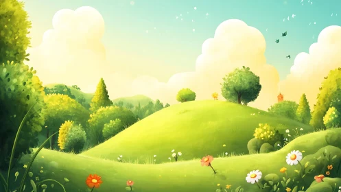 Sunlit hilltop meadow humming with soft cartoon daydreams.