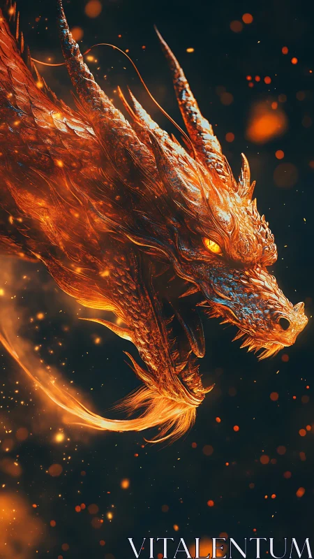 Side profile of fiery dragon head amid floating embers.