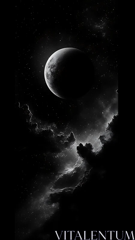 Monochrome celestial body with illuminated crescent in starfield