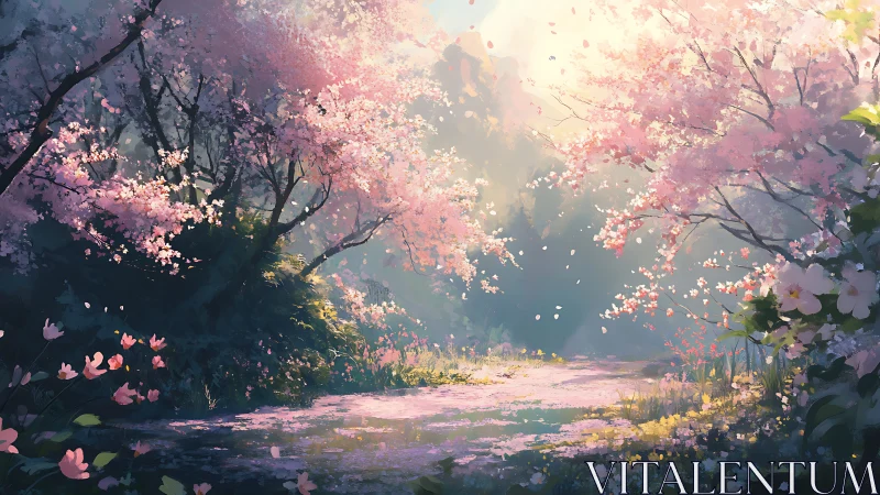Sunlit forest path passes under drifting cherry blossoms