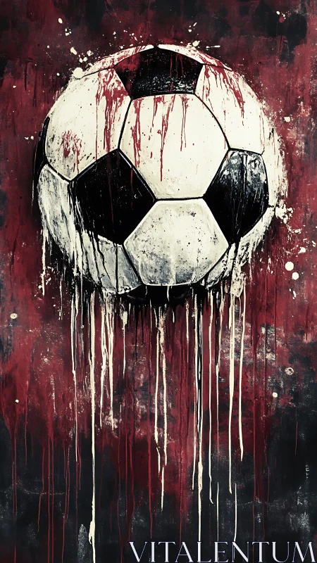 Expressionist soccer ball with dripping paint on dark field.