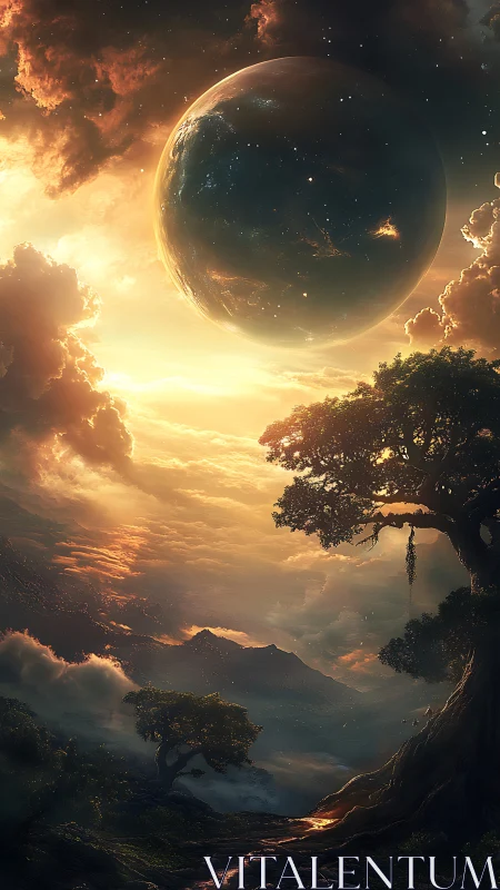 Planetary sky over illuminated valley and silhouetted trees.