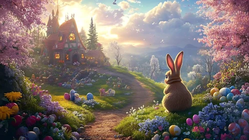 Golden hour rabbit overlooks pastel Easter valley path.
