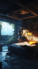 Overgrown bedroom interior contrasts with distant modern skyline