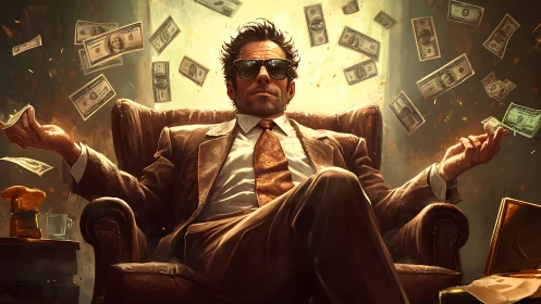 Powerful financier in leather armchair with flying banknotes