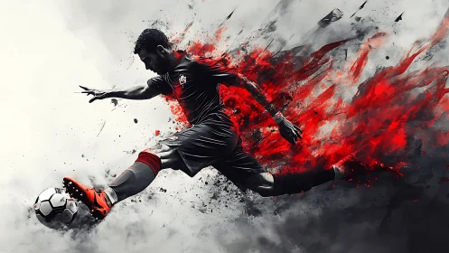 Dynamic footballer strikes ball amid explosive red energy.