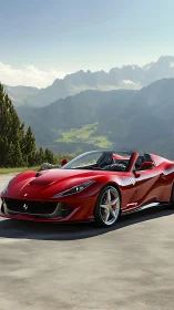 Sleek red convertible pauses on a sunny mountain road