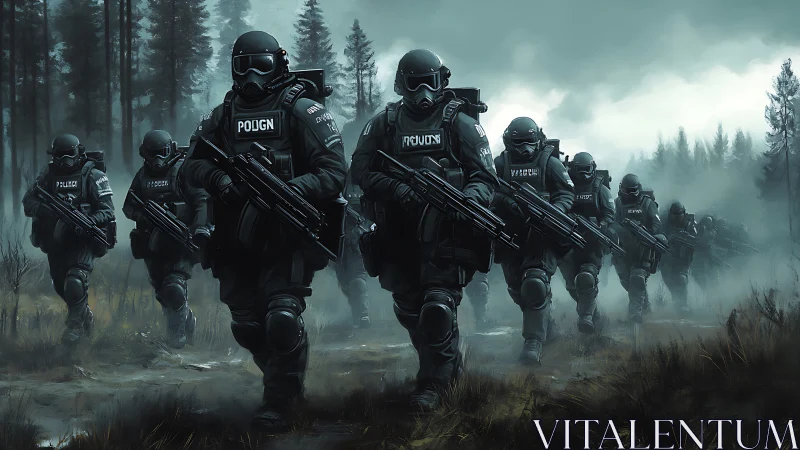 Armored tactical squad advances through foggy conifer forest